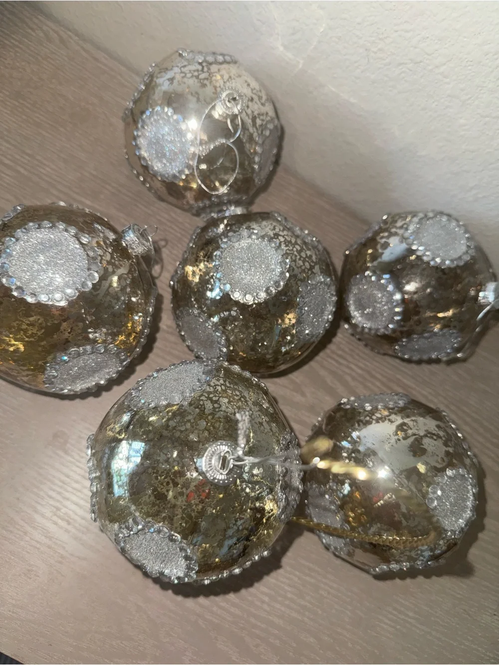 Silver mercury glass, Christmas ornament with beaded crystal set of 6